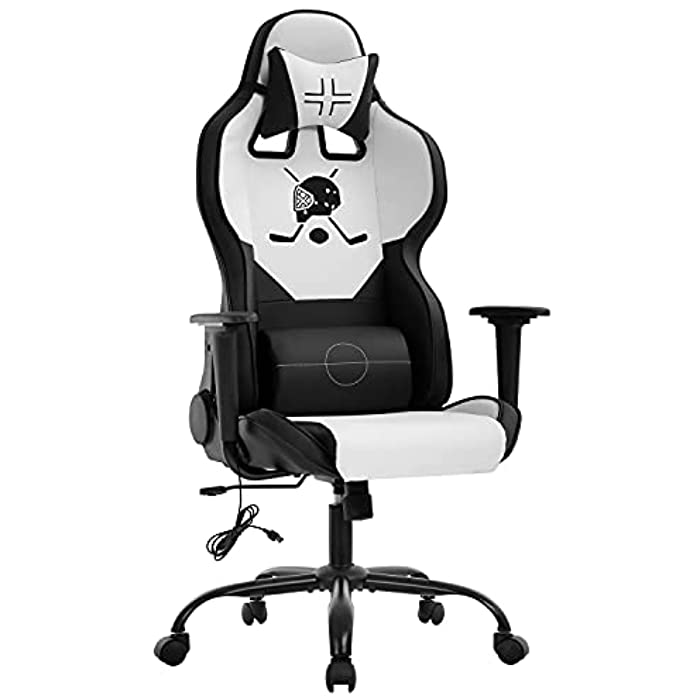 Gaming Chair Office Chair Desk Chair with Lumbar Support Headrest Armrest Task Rolling Swivel Massage PC E-Sports Hockey Racing Chair PU Leather Adjustable Ergonomic Computer Chair for Men(White)
